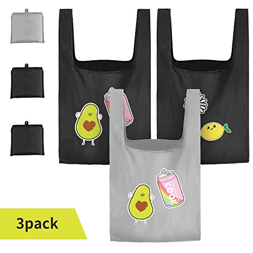 Product Cover Reusable Grocery Bags, 3 Pack Foldable Shopping Bags Reusable 50LBS Cute Grocery Tote Bags with Pouch Bulk Ripstop Machine Washable Eco-Friendly (Black,Grey)
