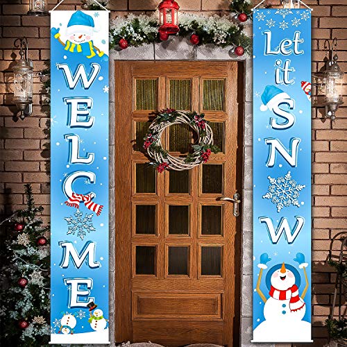Product Cover Christmas Decoration Set Christmas Porch Sign Welcome Merry Christmas Banner Christmas Hanging Garland for Frozen Winter Wonderland Party Decoration Xmas Winter Snow Party (Blue White Let It Snow, 2 P