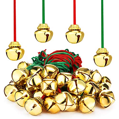 Product Cover Jingle Gold Bell Necklaces Large Christmas Bell Necklaces for Craft Holiday Party Supplies (Gold Bell Red Rope, Gold Bell Green Rope, 48 Pieces)