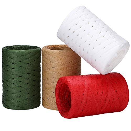 Product Cover 4 Rolls Christmas Raffia Ribbon 1200 Feet Raffia Paper Ribbon Christmas Gift Packing Ribbon for Gift Wrapping, DIY Craft, Holiday Decoration, 300 Feet Each Roll, 4 Colors