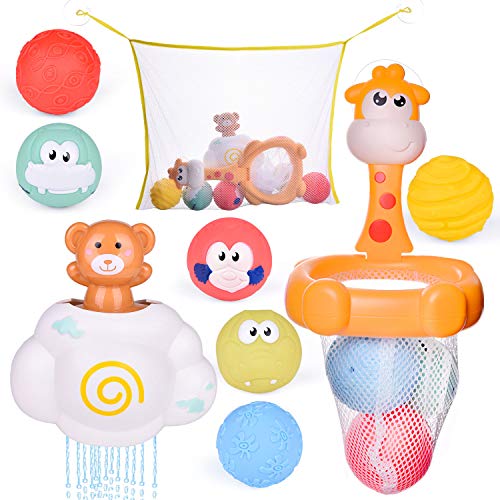 Product Cover FunLittleToy Toddler Bath Toys, Basketball Hoop Set for Kids with 6 Cute Soft Bath Balls, 1 Cloud Water Toy and 1 Organizer