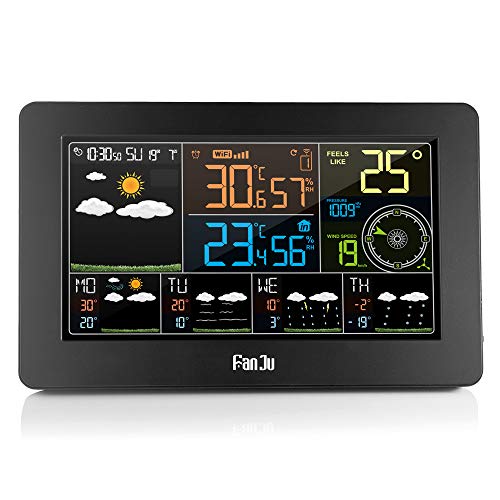 Product Cover FanJu Color Wi-Fi Weather Station with APP Control/Smart Weather Monitor Clock with USB Charger Port/Indoor Outdoor Temperature and Humidity/Wind Speed/Digital Clock with Outdoor Sensor