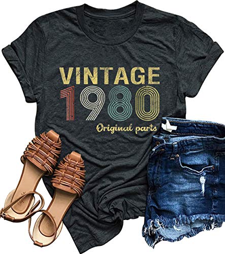 Product Cover 40th Birthday Gift T Shirts 1980 Original Parts Vintage Tees Funny 39th Birthday Greeting Party Women Cute Summer Tops