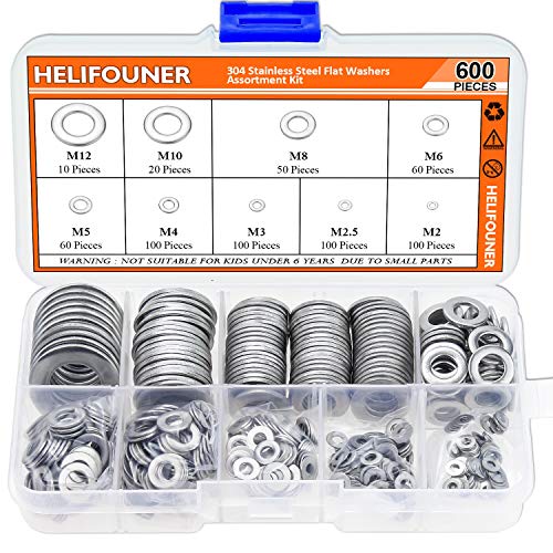 Product Cover HELIFOUNER 600 Pieces 9 Sizes 304 Stainless Steel Flat Washers Assortment Kit (M2 M2.5 M3 M4 M5 M6 M8 M10 M12)