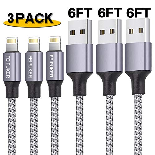 Product Cover iPhone Charger, 3 Pack 6FT Nylon Braided Cable Syncing and Fast Lightning Cable Cord (Gray)