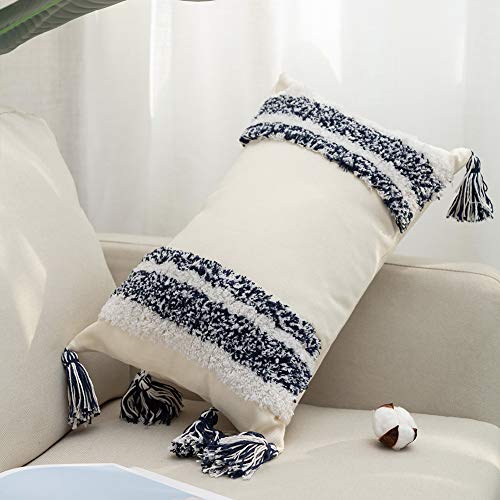 Product Cover Bigcozy Decorative Throw Lumbar Pillow Cover, Boho Tribal Long Pillow Case with Tassels, Navy & Beige Cushion Cover Cotton Canvas, Hidden Zipper, 12x20 Inches