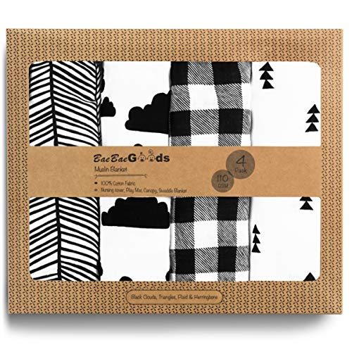 Product Cover BaeBae Goods Muslin Swaddle Blanket, Black Clouds, Adjustable Infant Baby Wrap Set of 4, Baby Swaddling Wrap Blankets Made in Soft Cotton