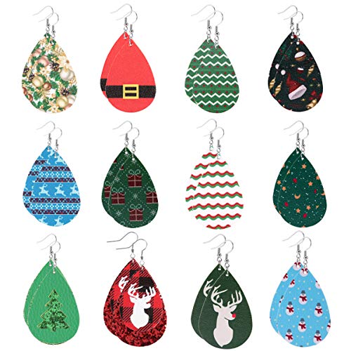 Product Cover Christmas Earrings for women Xmas Earrings dangle Lightweight Christmas Leather Earrings Teardrop Holiday Earrings for Christmas Party Christmas Decorations for Party 12Pairs