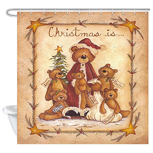 Product Cover DYNH Retro Christmas Shower Curtain, Winter Cartoon Xmas Bear Family Jolly Holiday Theme Illustration Shower Curtains, Polyester Fabric Shower Curtain for Bathroom 12PCS Hooks, 69X70IN