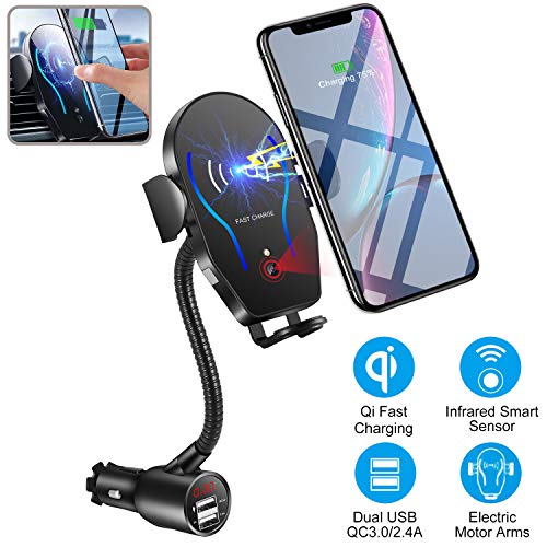 Product Cover Car Cigarette Lighter Wireless Charger Mount- Automatic Clamping Phone Holder,Infrared Smart Sensor Dual USB QC3.0 Ports 10W 7.5W Qi Fast Charging Air Vent Cradle for Cell Phone