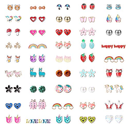Product Cover Finrezio 45 Pairs Hypoallergenic Stud Earrings for Women Kids Flower Animals Heart Rainbow Pearls Owl Rhinestone Colorful Cute Stainless Steel Earrings Set Jewelry
