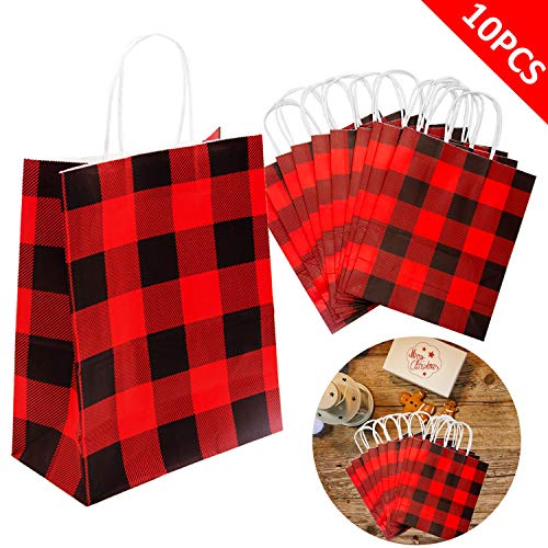 Product Cover Iceyyyy 10Pieces Red and Black Buffalo Plaid Kraft Bags Paper Gift Bag with Handle for Christmas, Party, Wedding