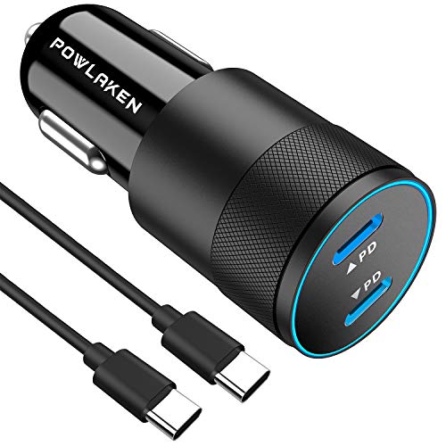 Product Cover Updated Version USB C Car Charger, POWLAKEN 36W 2-Port Fast PD Car Charger with Dual 18W Power Delivery Compatible with iPhone 11/11 Pro/11 Pro Max, Galaxy Phone and More (3.3ft USB C Cable Included)
