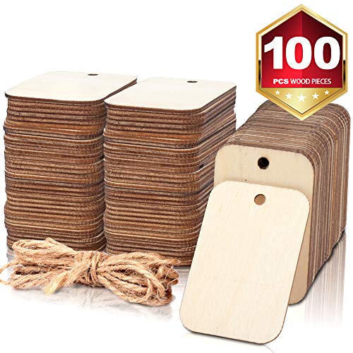 Product Cover 100 Pcs Unfinished Wood Pieces Rectangle-Shaped, Light Wooden Cutout Natural Rustic with Hole, and 2M Hemp Rope, for Craft Projects, Hanging Decorations, Painting, Staining (2