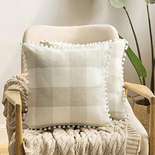 Product Cover MIULEE Set of 2 Retro Farmhouse Buffalo Plaid Check Pillow Cases with Pom-poms Decorative Throw Pillow Covers Cushion Case for Sofa Couch 20x20 Inch Cream and Beige