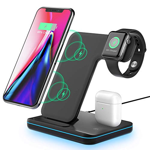 Product Cover Wireless Charging Station, 3 in 1 Qi Fast Charger for Apple Watch 1 2 3 4 5/Airpods, Wireless Charger for iPhone 11/11 Pro/11 Pro Max/XS Max/XS XR Plus Samsung S10 S9 S8 S7 and Qi-Certified Phones