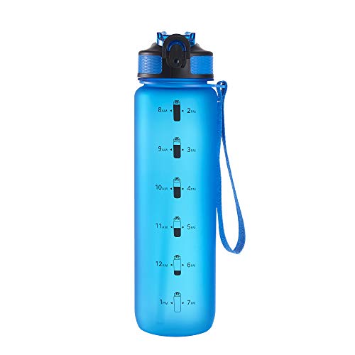 Product Cover EYQ QuickSpout Water Bottle with Time Marker and Carry Strap, 32 oz, BPA-Free, Non-Toxic, Leak-Proof (Blue)