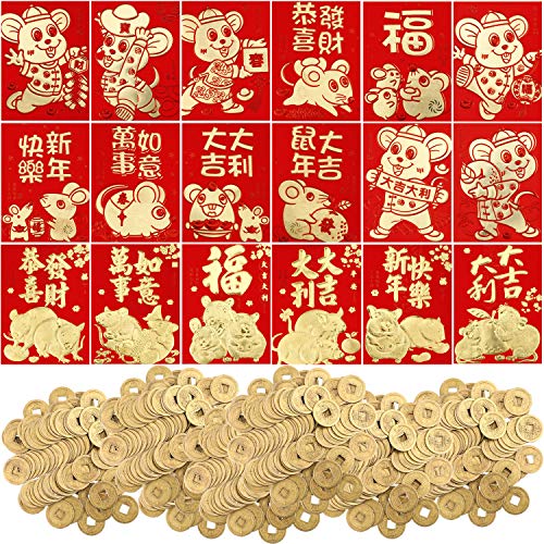 Product Cover 72 Pieces Chinese New Year Red Envelope of 2020 Chinese Rat Year Hong Bao Lucky Money Packets and 100 Pieces Feng Shui Coins Good Luck Coins for New Year Spring Festival