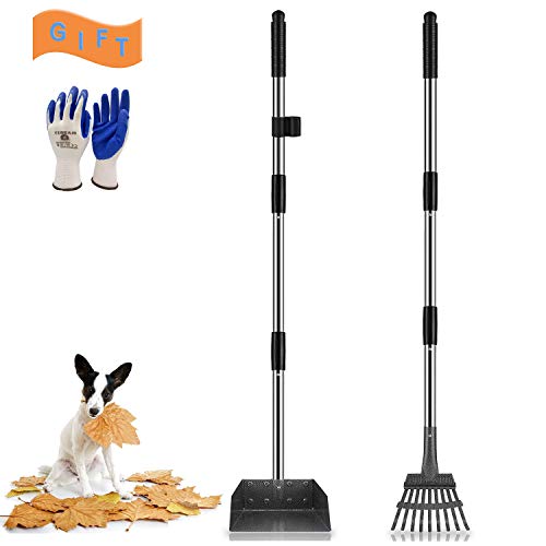 Product Cover Niubya Poop Scooper for Dogs, Tray and Rake Set with Adjustable Long Handle Metal for Pet Waste Removal, 2 Pack, Black