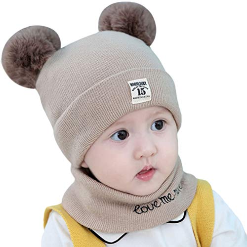 Product Cover AINORS Baby Hats Scarf Knitted Cotton Lining Pom Pom Toddler Beanie with Circle Loop Scarf Neckwarmer-Beige Hat & Scarf Suit