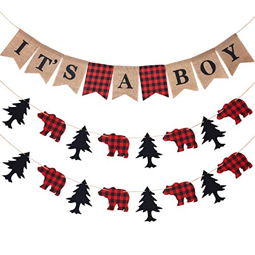 Product Cover 3 Pieces It's a Boy Banner Lumberjack Theme Banner Buffalo Plaid Banner Garland Woodland Animal Camping Banner for Baby Shower Lumberjack Party Supplies Hunting Party Birthday Parties
