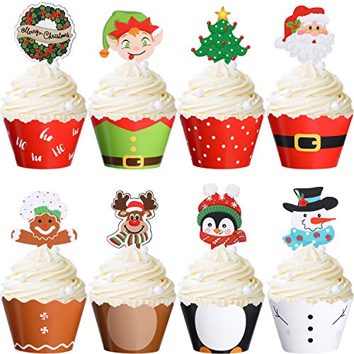 Product Cover Blulu 96 Pieces Christmas Party Decorations Christmas Cupcake Topper Wrappers Santa Claus Snowman Reindeer Elf Penguin Christmas Tree Christmas Wreath Gingerbread Hand Cake Party Decorations Supplies