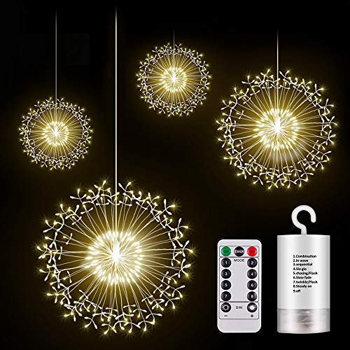 Product Cover KJOY Firework Lights, Seosucce Upgrade 4Pcs LED Copper Wire String Lights Battery Operated Fairy Lights with Remote, 8 Modes Dimmable, Hanging Starburst Lights for Party, Christmas, Outdoor