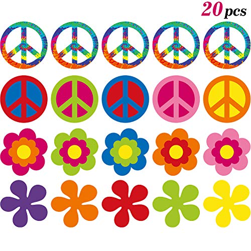 Product Cover 20 Pieces 60's Party Cutout 60's Groovy Party Cut-Outs Decoration Retro Flower Cutouts Peace Sign Cutouts with Glue Point Dots for 60's Theme Party Decorations, 7.9 x 7.9 Inch
