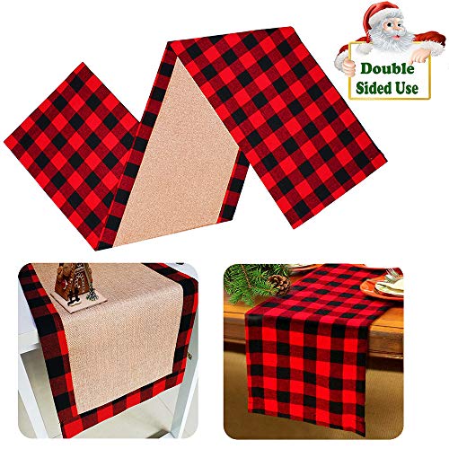 Product Cover Yodofol Cotton & Burlap Buffalo Checkered Table Runner, Large Christmas Red and Black Plaid Design Table Runner for for Family Dinners, Gatherings and Everyday Use (Red Plaid, 14 x 72 inch)