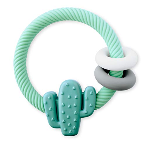 Product Cover Itzy Ritzy Silicone Teether with Rattle; Features Rattle Sound, Two Silicone Rings and Raised Texture to Soothe Gums; Ages 3 Months and Up; Cactus