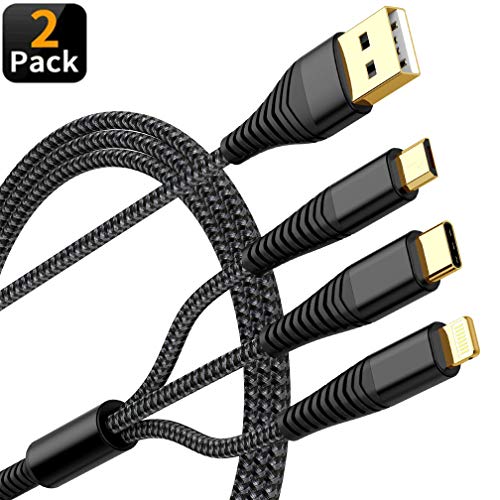 Product Cover [Upgraded] Multi Charging Cable 2Pack 5ft Nylon Braided Universal 3 in 1 Multiple Ports Devices USB Charger Cord with Gold-Plated iOS/Type C/Micro USB Connectors for Phones Tablets (Charging Only)