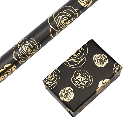 Product Cover RUSPEPA Gift Wrapping Paper Roll-Gold Foil Rose Black Background Design for Wedding, Birthday, Shower, Congrats, and Holiday Gifts - 30 Inch X 16 Feet