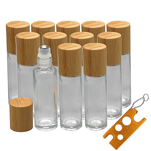 Product Cover 12Pcs 10ml Glass Roll On Bottle with Bamboo Lid for Essential Oils, Creatiee Eco-friendly Refillable Clear Perfume Sample Bottles with Stainless Steel Roller Ball - Portable & Practical