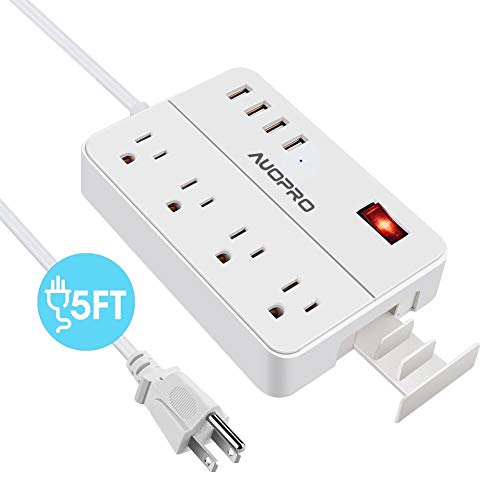 Product Cover Power Strip with USB, AUOPRO 4 Outlets Surge Protector with 4 USB Ports(5V/4.1A) and Phone Stand, 1250W/10A Desktop Charging Station 5ft Extension Cord for Home/Office/Dorm Room/Hotel/Travel (White)