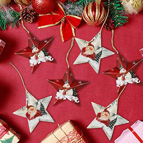 Product Cover Partybus Christmas Ornaments Set, Lightweight Rustic Santa Snowman Barn Stars Decorations for Kids Xmas Tree, Metal Country Gift Tags with Burlap Ribbon, 6 Pack