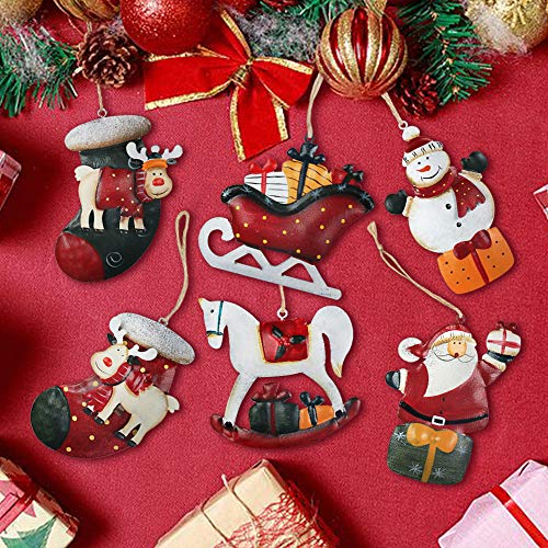 Product Cover Partybus Christmas Ornaments Set, 3D Lightweight Rustic Tin Reindeer Snowman Santa Claus Decorations for Kids Xmas Tree, Metal Country Gift Tags with Burlap Ribbon, 6 Pack