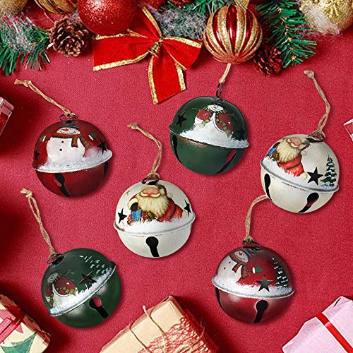 Product Cover Partybus Christmas Jingle Bell Ornaments, Metal Rustic Santa Snowman Decorations for Kids Xmas Tree, Country Gift Tags with Burlap Ribbon, 6 Pack