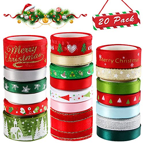 Product Cover 20 Rolls 3 Size Christmas Ribbons for Craft Holiday Printed Grosgrain Organza Satin Ribbons Metallic Glitter Fabric Ribbons Bulk Gift Wrapping Bow
