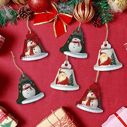 Product Cover Partybus Christmas Jingle Bell Ornaments, Metal Rustic Santa Snowman Decorations for Kids Xmas Tree, Country Gift Tags with Burlap Ribbon, 6 Pack