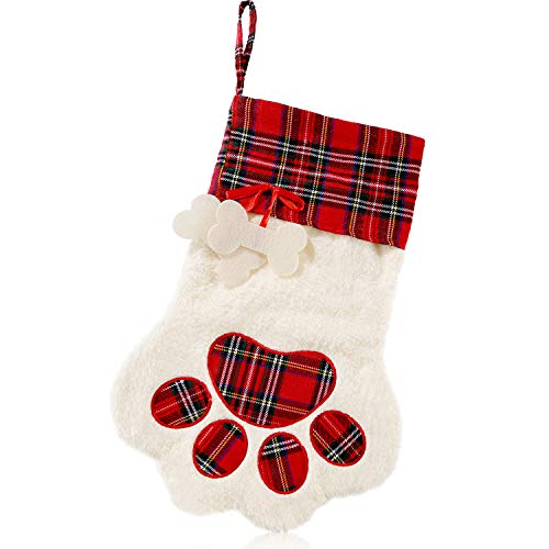 Product Cover 2 Pieces Christmas Stockings Pet Paw Pattern Stockings Fireplace Hanging Stockings for Pet and Christmas Decoration (Red, 1 Piece)