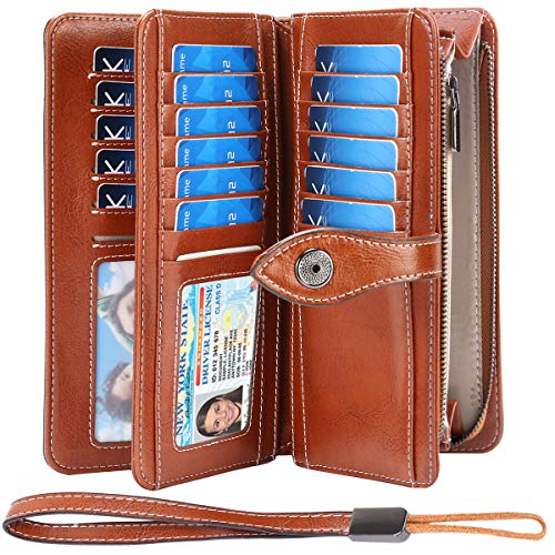 Product Cover HUANLANG Women Wallets Large Ladies Leather Wallet with Coin Pocket RFID Wallet Organizer for Women with Wrist Strap (Brown)