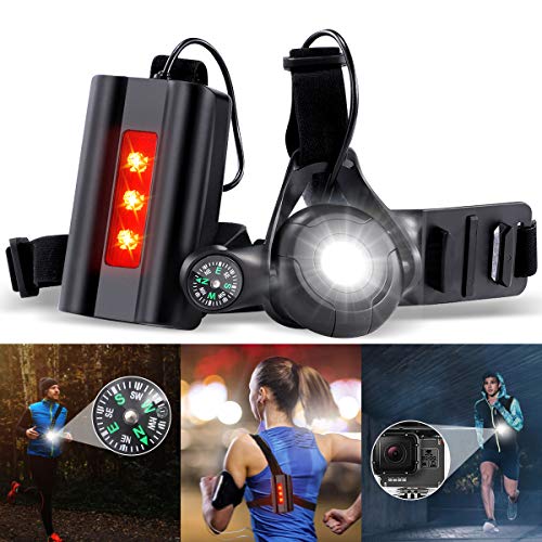 Product Cover Night Running Lights for Runners, SGODDDE USB Rechargeable Chest Run Light with 90° Adjustable Beam, Safety Back Warning for Runners Joggers Camping Hiking (Updated with Compass & Cemara Base)