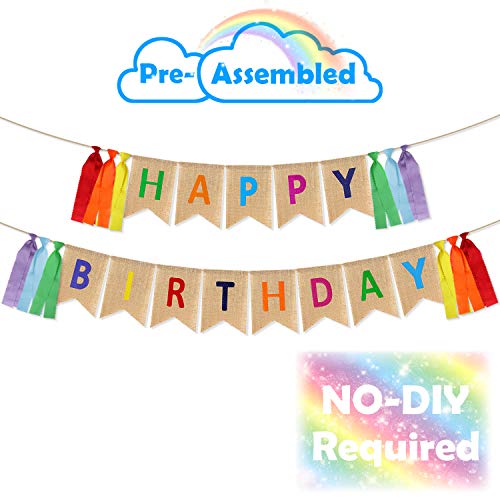 Product Cover LINGPAR Highly Recommended Happy Birthday Burlap Banner - Multicolored Tassels Design Colorful Ribbon for Kid Baby Adults Birthday Party Decorations