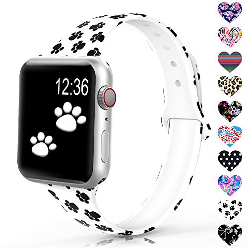 Product Cover Sunnywoo Sport Band Compatible with Apple Watch 38mm 40mm 42mm 44mm, Narrow Soft Fadeless Floral Silicone Slim Thin Replacement Wristband (Pattern 12-Paw, 38MM/40MM)