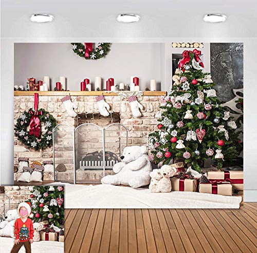 Product Cover Christmas Eve Party Fireplace Home Decorations Photography Backdrop Xmas Tree Bears Socks Photo Background Baby Shower Supplies Vinyl Family Photo Booths Studio Props 5x3ft Birthday Banner