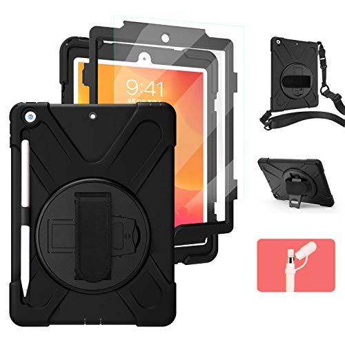 Product Cover TSQ New iPad 10.2 Case 2019 with Pencil Holder, [Built-in Screen Protector], Heavy Duty Shockproof Durable Rugged Protective Case with Handle Hand Strap/Stand for Kids, iPad 7th Generation Case Black