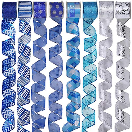 Product Cover 8 Rolls 48 Yards Blue Silver Christmas Tree Ribbon Wired Bows Ribbon Assorted Holiday Ribbon Snowflake Ribbon Glitter Mesh 2.5