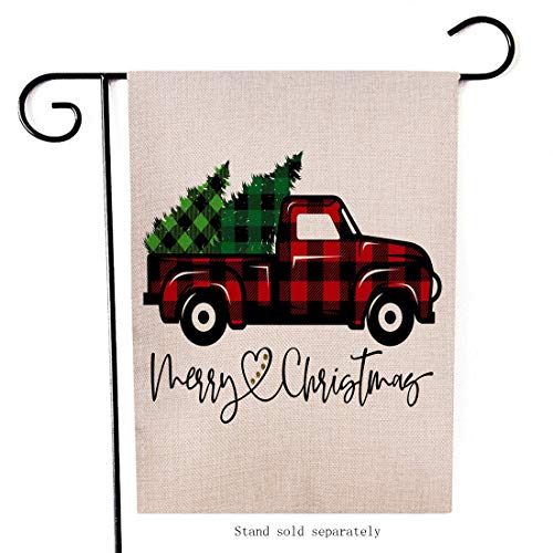 Product Cover Artofy Merry Christmas Garden Flag, Decorative Xmas Outdoor Flag Sign with Buffalo Check Plaid Truck Red Black, Rustic Burlap House Yard Flag Winter Outside Decoration Holiday Home Decor Flag 12 x 18