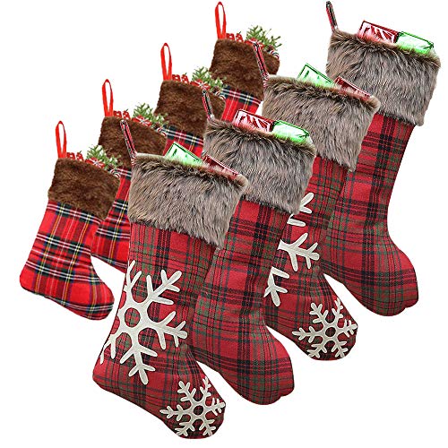 Product Cover WUJOMZ Set of 8 Christmas Stockings, 18 Inches and 9 Inches Burlap with Large Plaid Snowflake and Plush Faux Fur Cuff Stockings, for Home Decor