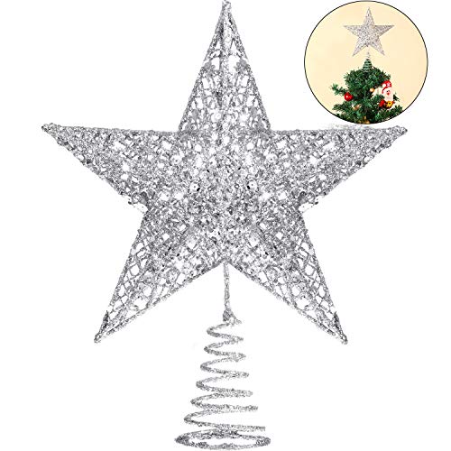 Product Cover Blulu 10 Inches Christmas Tree Star Topper Xmas Tree Topper Star Christmas Decoration Glittered Tree-top Star (Silver)